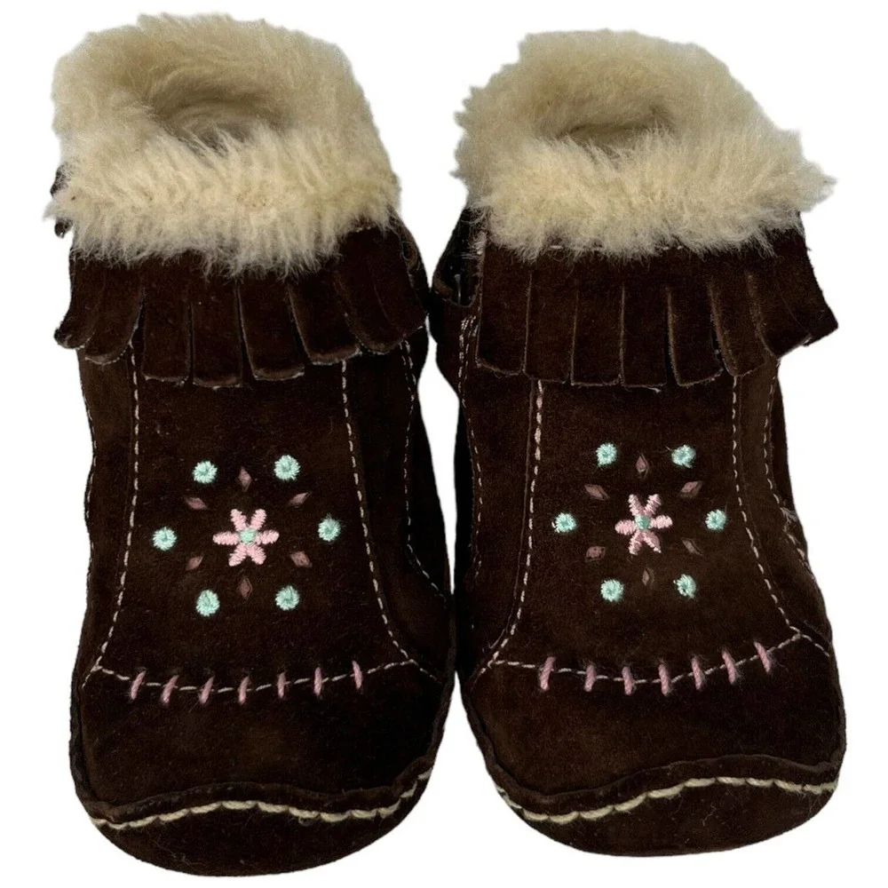 Stride Rite Leather Chincilla Moccasin Booties Embroidered Girls Brown 3